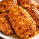 Southern baked chicken thighs served with a side of vegetables.