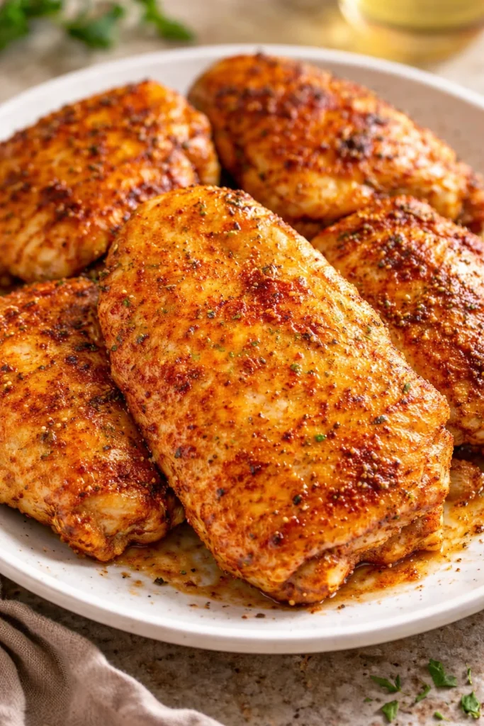 Southern baked chicken thighs served with a side of vegetables.