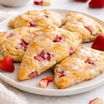 Freshly baked strawberry rhubarb scones on a cooling rack