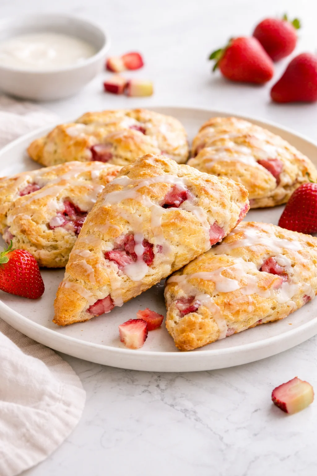 Freshly baked strawberry rhubarb scones on a cooling rack
