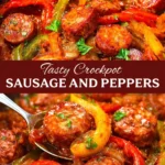 Crockpot sausage and peppers dish with colorful bell peppers and juicy sausages