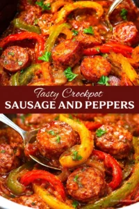 Crockpot sausage and peppers dish with colorful bell peppers and juicy sausages