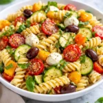 Colorful pasta salad with vegetables and dressing for summer gatherings