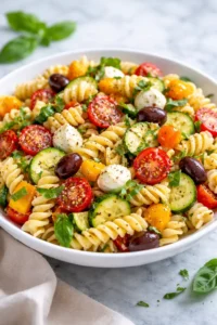 Colorful pasta salad with vegetables and dressing for summer gatherings