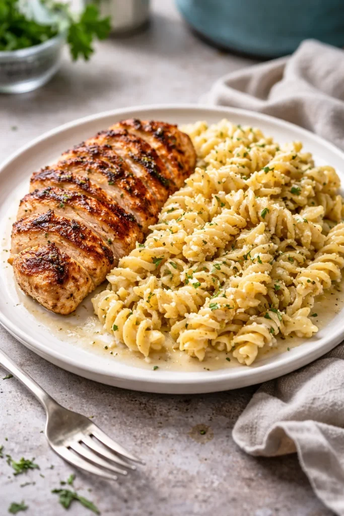 Creamy garlic parmesan chicken pasta garnished with herbs in a creamy sauce