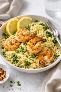 Plate of Zesty Lemon Garlic Shrimp Orzo garnished with herbs