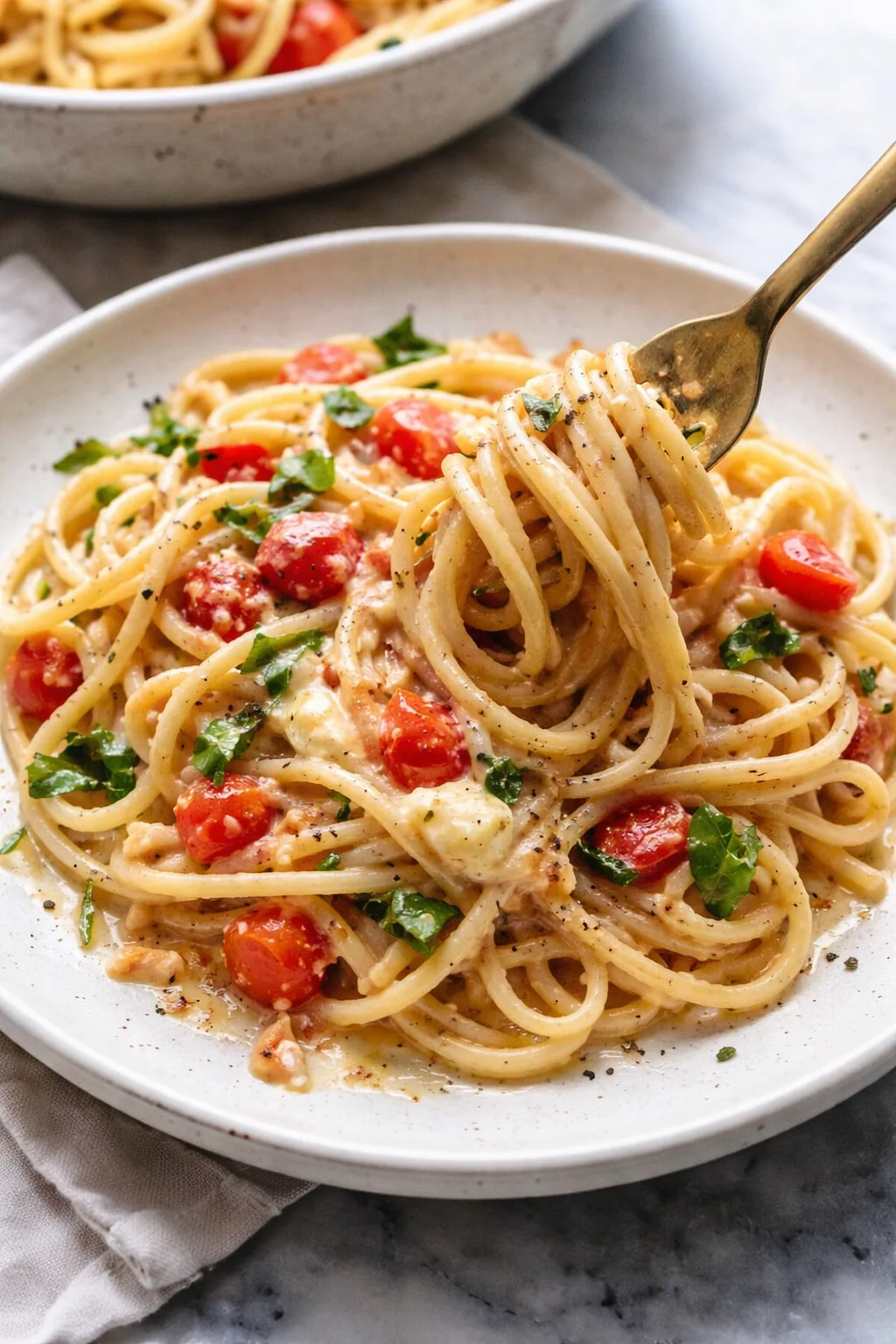 Baked Burrata topped with tomatoes and served over pasta