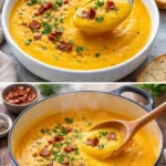 Bowl of creamy carrot soup garnished with herbs