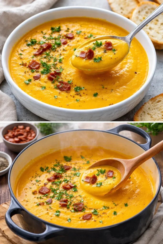 Bowl of creamy carrot soup garnished with herbs