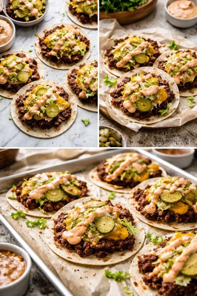 Delicious Big Mac Tacos featuring patties, cheese, and toppings in a taco shell.