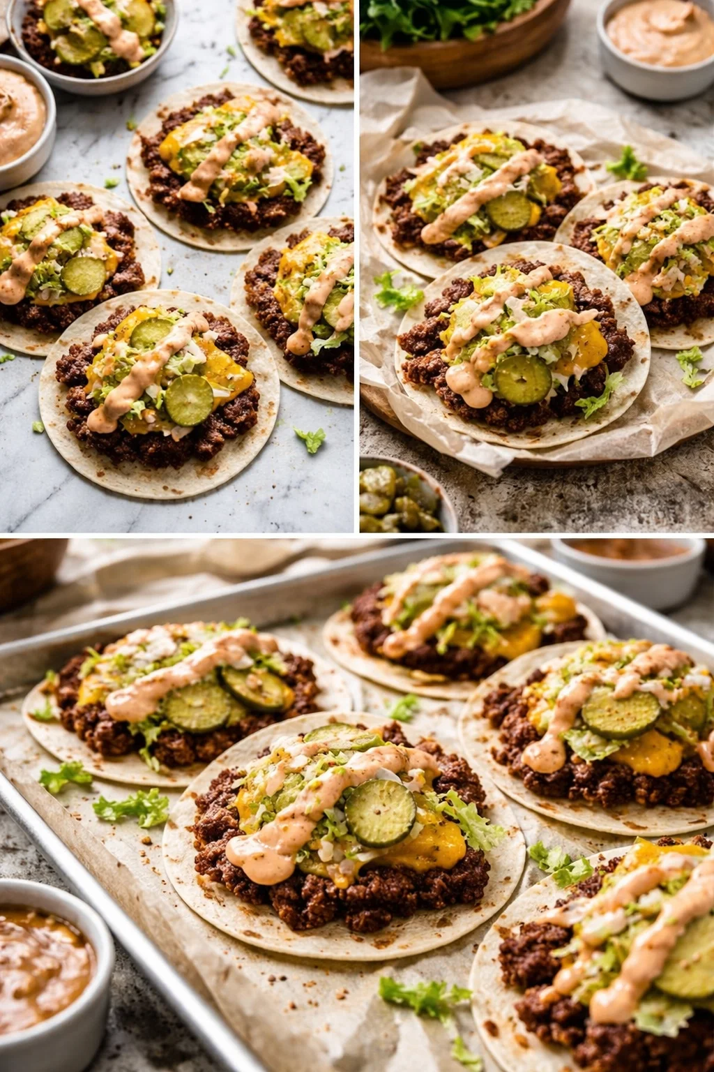 Delicious Big Mac Tacos featuring patties, cheese, and toppings in a taco shell.