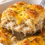 Delicious Biscuits and Gravy Casserole served on a plate, showcasing layers of flavor.