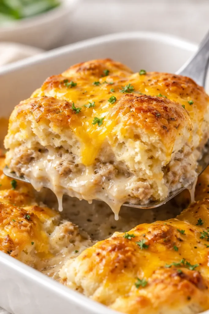Delicious Biscuits and Gravy Casserole served on a plate, showcasing layers of flavor.