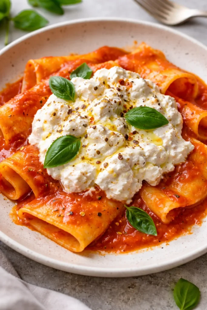 Delicious Burrata Pasta served with fresh herbs and cherry tomatoes