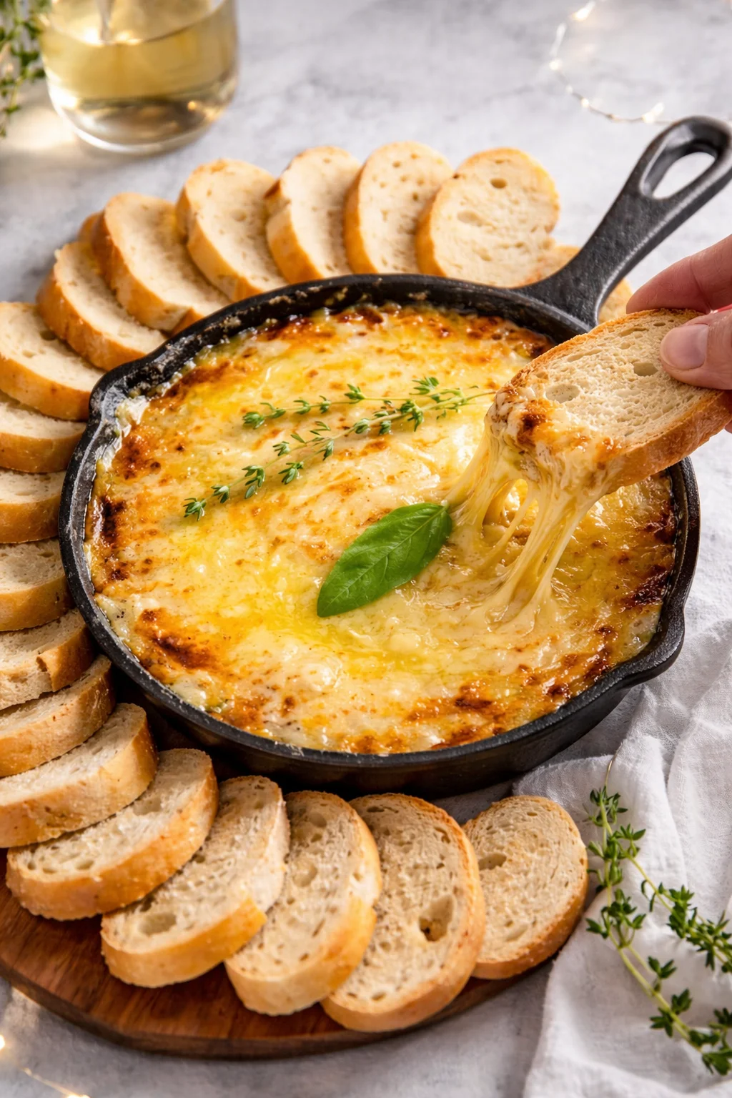 Creamy caramelized onion cheese dip served in a bowl with crackers
