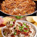Delicious caramelized onion dip in a bowl with fresh vegetables for dipping