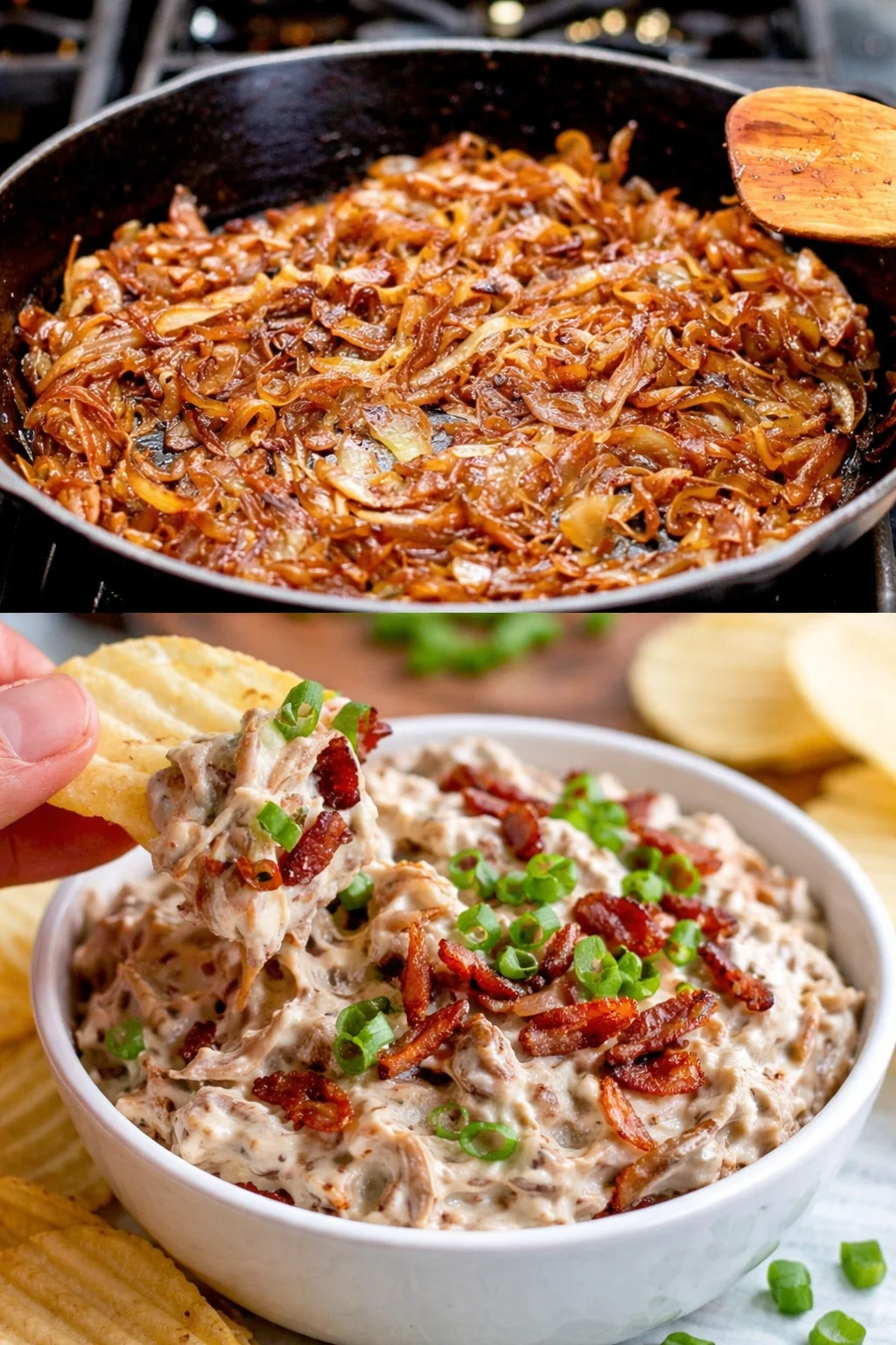 Delicious caramelized onion dip in a bowl with fresh vegetables for dipping
