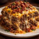 Cheesy Loaded Meatloaf Casserole topped with melted cheese and herbs