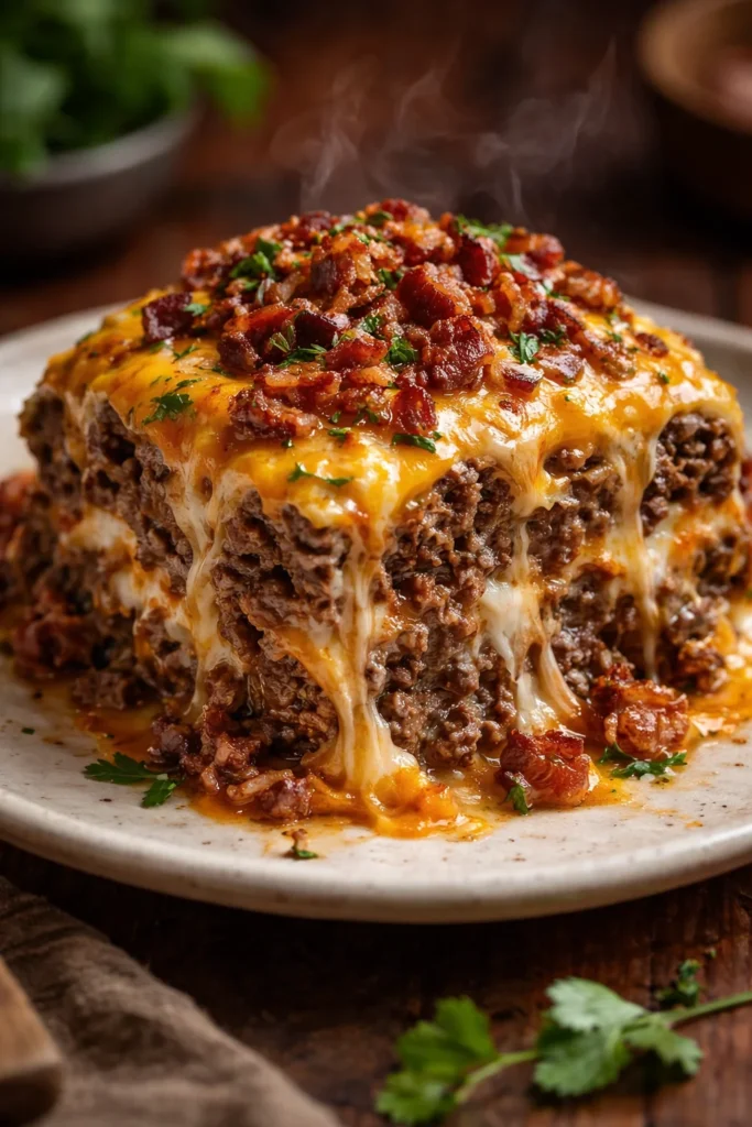 Cheesy Loaded Meatloaf Casserole topped with melted cheese and herbs
