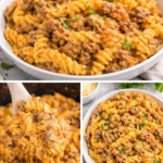 Delicious cheesy taco pasta garnished with fresh herbs in a bowl