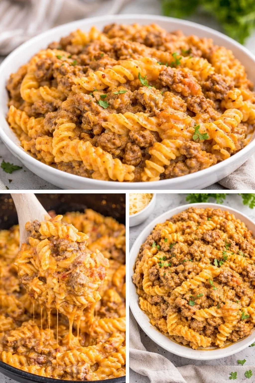 Delicious cheesy taco pasta garnished with fresh herbs in a bowl