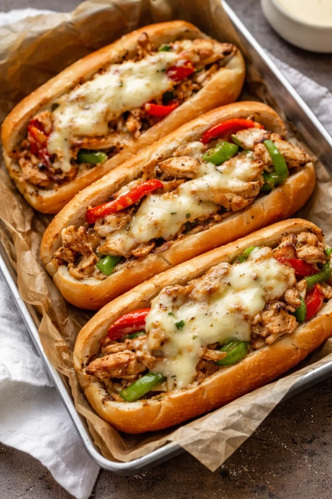 Delicious Chicken Philly Cheese Steaks with melted cheese and savory toppings