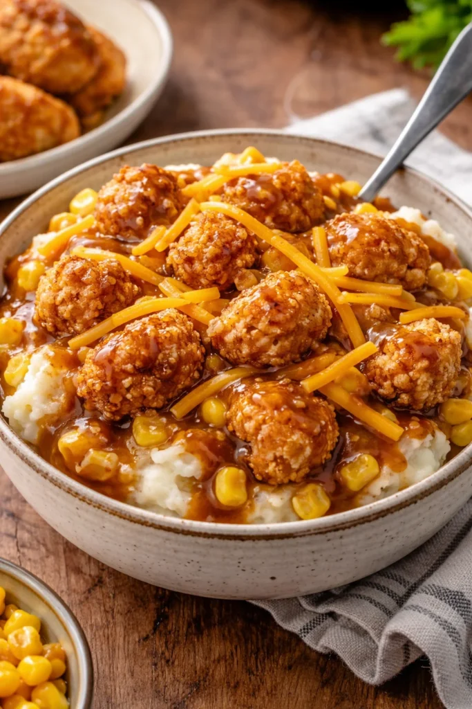 Delicious homemade KFC Bowls with chicken, mashed potatoes, and corn