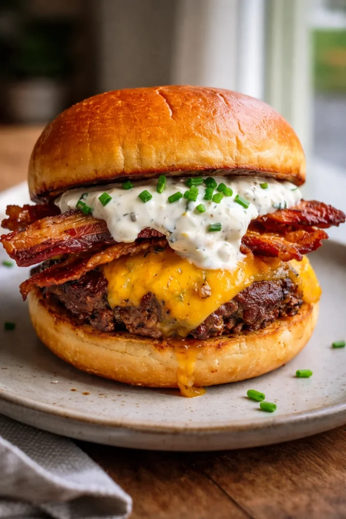 Ultimate loaded cheeseburger with ranch and bacon toppings