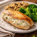 Cream cheese and herb stuffed chicken with fresh herbs on a plate