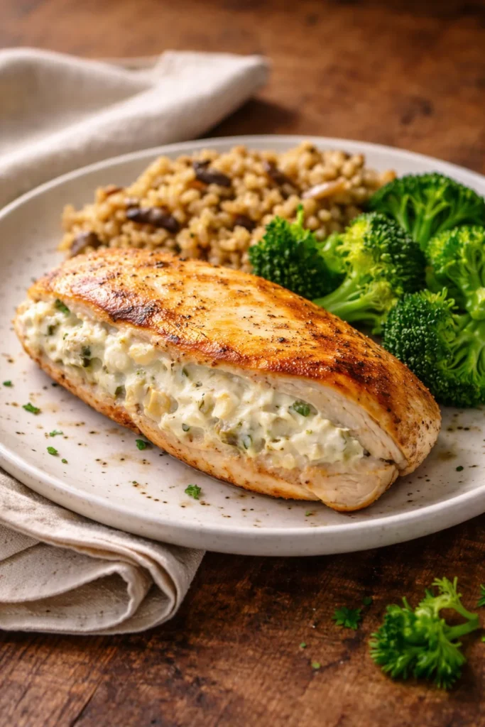Cream cheese and herb stuffed chicken with fresh herbs on a plate