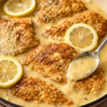 Creamy Chicken Francese served with a lemon butter sauce on a plate
