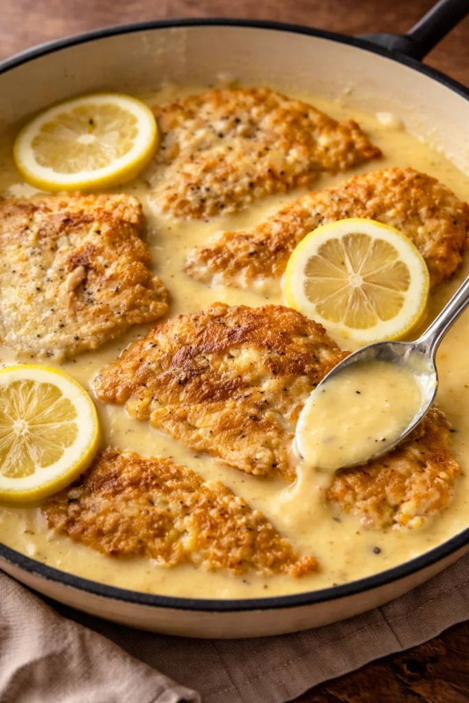 Creamy Chicken Francese served with a lemon butter sauce on a plate