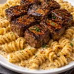 Creamy garlic butter steak bites served with spicy Cajun Alfredo twisted pasta