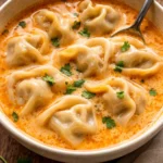 Bowl of creamy Thai dumpling soup garnished with herbs and spices