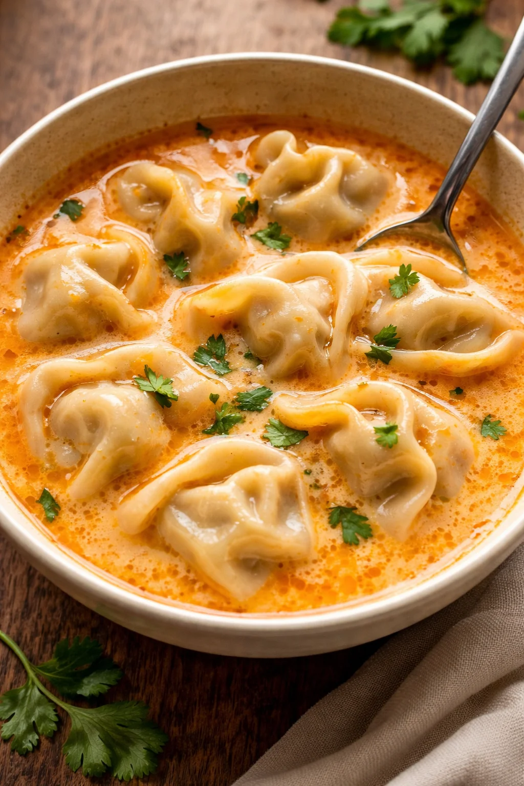 Bowl of creamy Thai dumpling soup garnished with herbs and spices