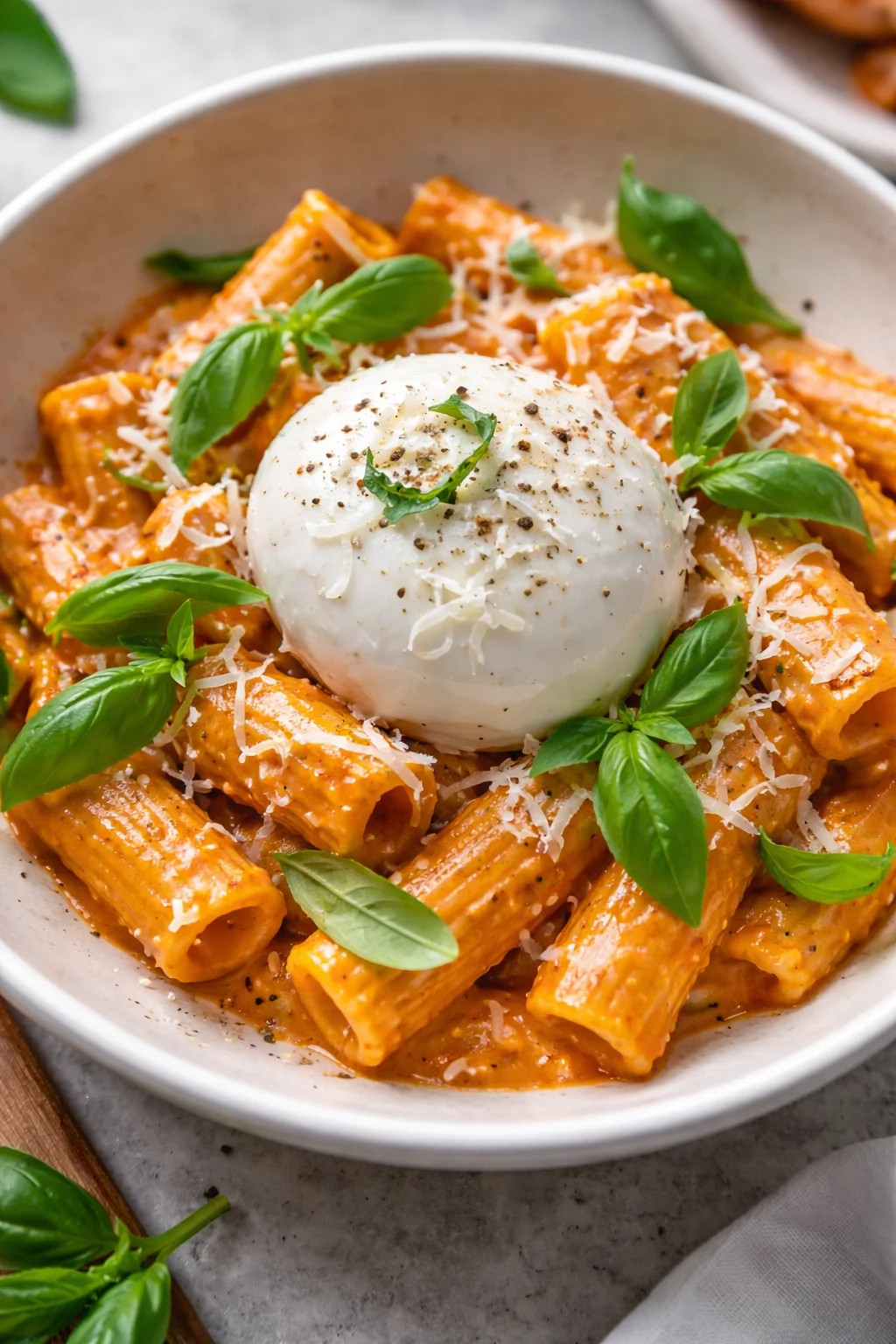 Creamy tomato burrata pasta dish with fresh ingredients and vibrant colors