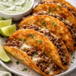 Crispy ground beef tacos topped with fresh ingredients on a wooden table