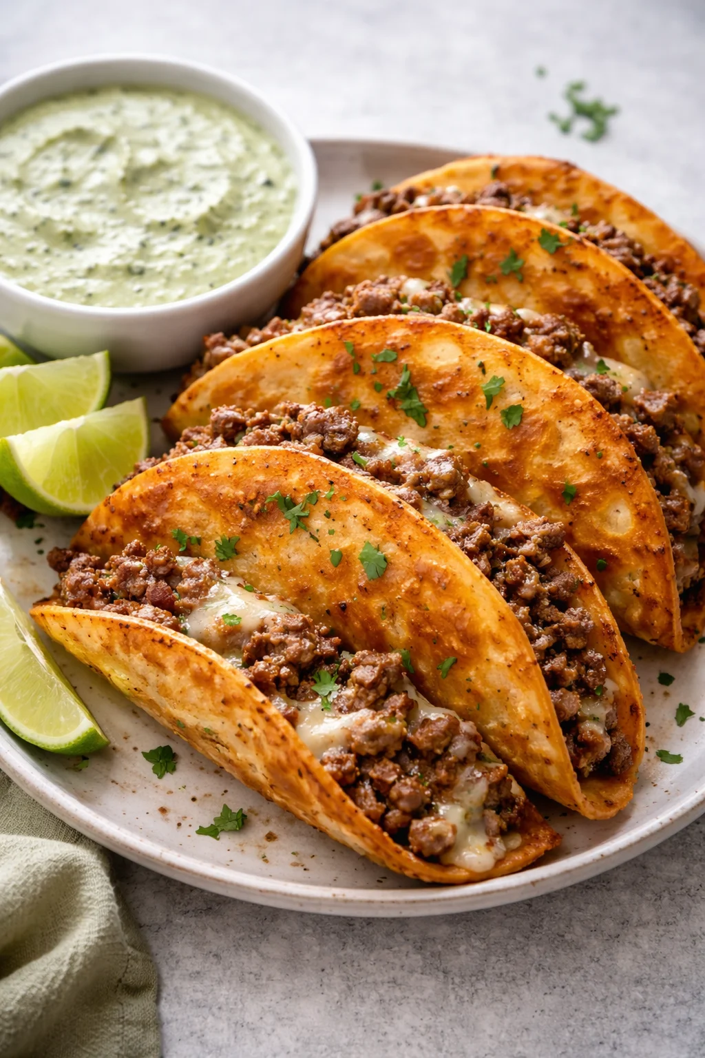 Crispy ground beef tacos topped with fresh ingredients on a wooden table