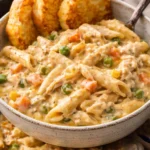 Crock Pot Chicken Pot Pie Pasta served in a bowl with fresh herbs.