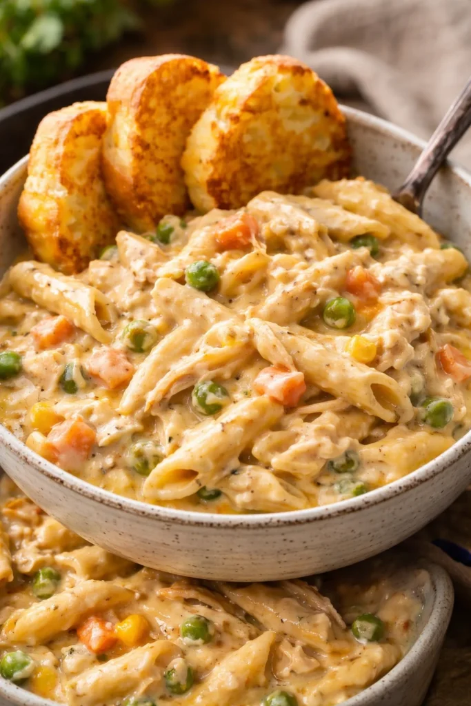 Crock Pot Chicken Pot Pie Pasta served in a bowl with fresh herbs.