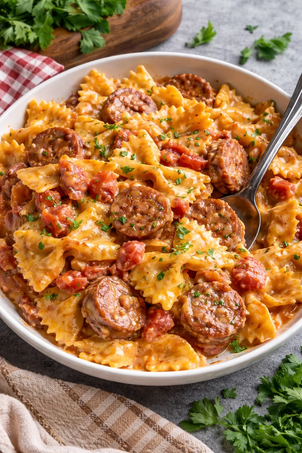 A plate of Easy Cajun Pasta garnished with parsley and served with bread.