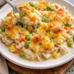 Delicious Chicken Cobbler casserole served on a plate with fresh ingredients.