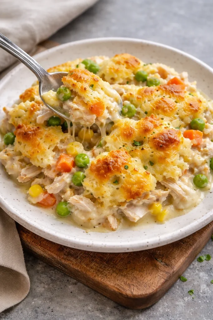 Delicious Chicken Cobbler casserole served on a plate with fresh ingredients.