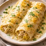 Easy creamy white chicken enchiladas topped with cheese and cilantro