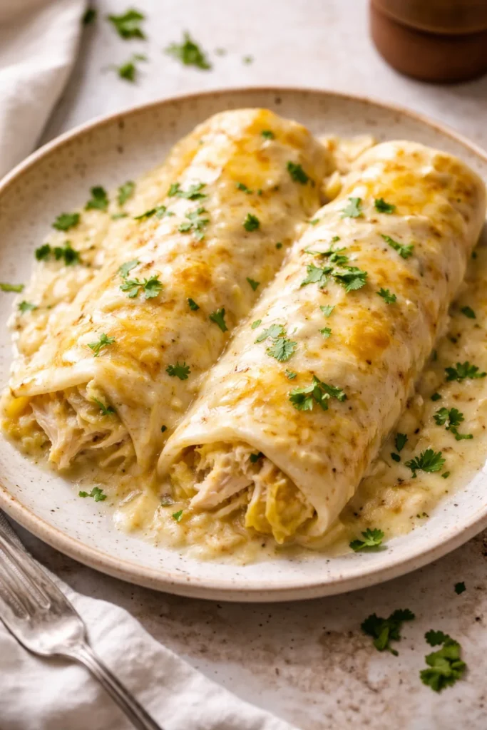 Easy creamy white chicken enchiladas topped with cheese and cilantro