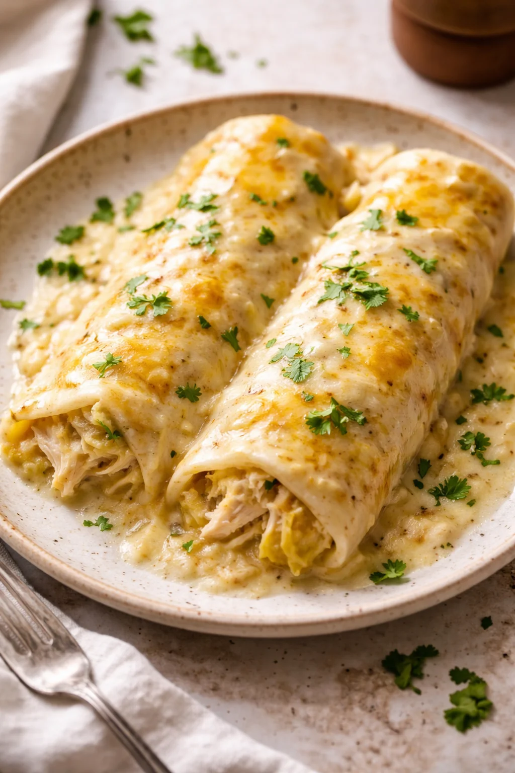 Easy creamy white chicken enchiladas topped with cheese and cilantro