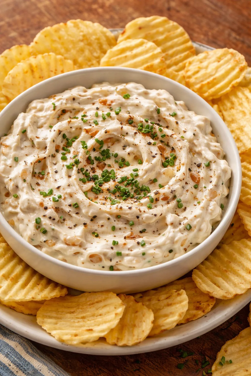 Bowl of easy French onion dip with chips and fresh herbs