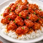 Plate of easy sesame chicken with rice and vegetables