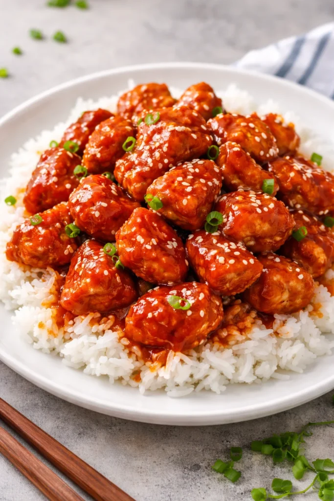 Plate of easy sesame chicken with rice and vegetables