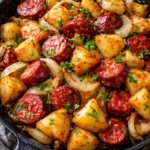 Fried potatoes with onions and smoked Polish sausage served on a plate